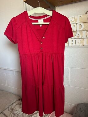 Knox Rose Red Short-Sleeve Tiered Button-Front Dress